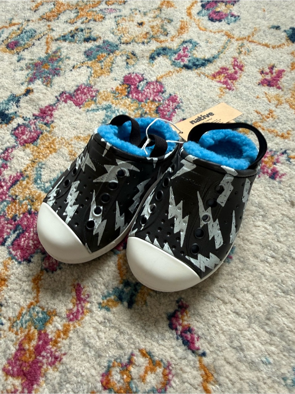 NWT Native Kids Black Lightning Slip-Ons with Bright Blue Lining